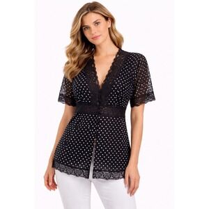 Torrid Polka Dot Lace Blouse Women Size 1 Black Sheer Button Front Top
